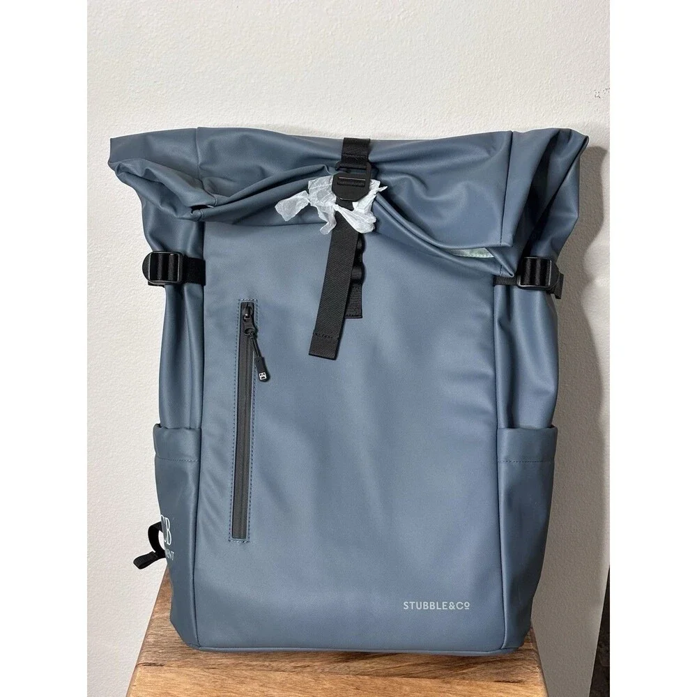 Stubble & Co Roll Top Backpack Blue Laptop Bag Pockets 30L-NWT *logo